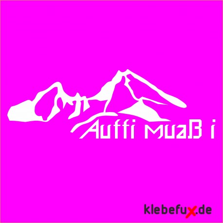 Watzmann Aufkleber mit Schriftzug 'Auffi Muaß I' mit pinken Hintergrund und weißer Kontur 